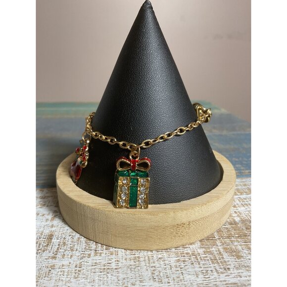 Gold-Tone Christmas Charm Bracelet With Holiday-Themed Charms & Toggle Clasp - Picture 4 of 6